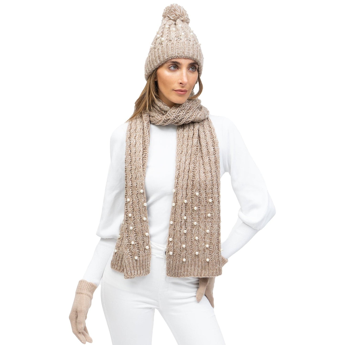 Just Jamie 3-Piece Marled Knit Hat, Scarf, and Gloves Set with Pearls