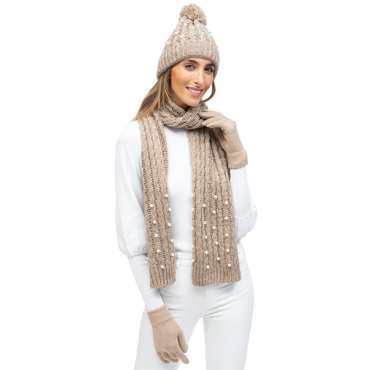 Just Jamie 3-Piece Marled Knit Hat, Scarf, and Gloves Set with Pearls