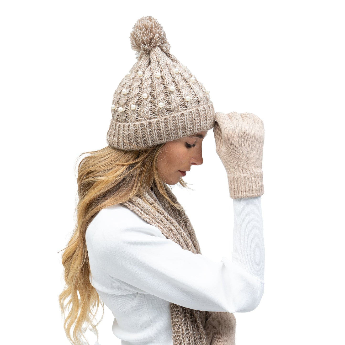 Just Jamie 3-Piece Marled Knit Hat, Scarf, and Gloves Set with Pearls