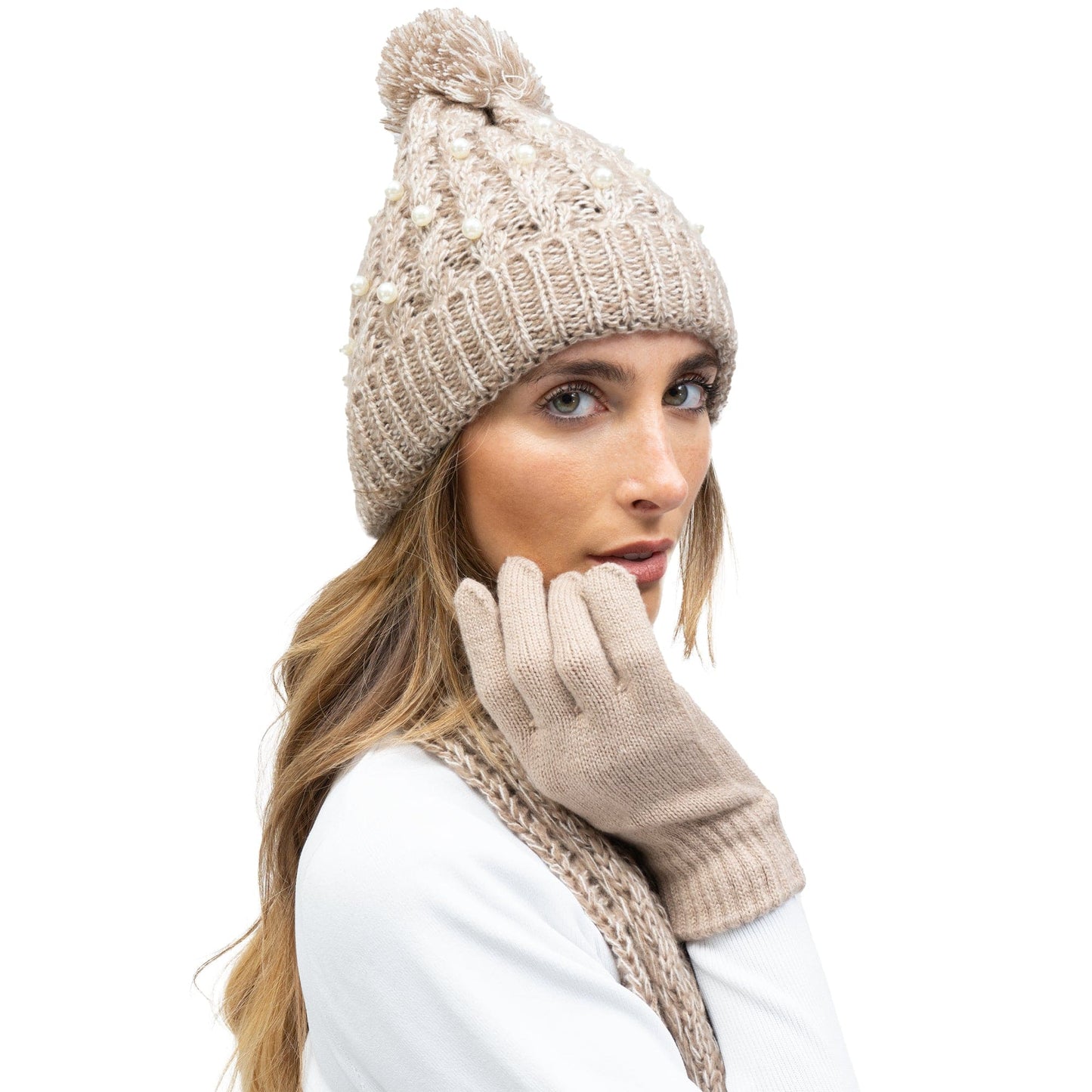 Just Jamie 3-Piece Marled Knit Hat, Scarf, and Gloves Set with Pearls