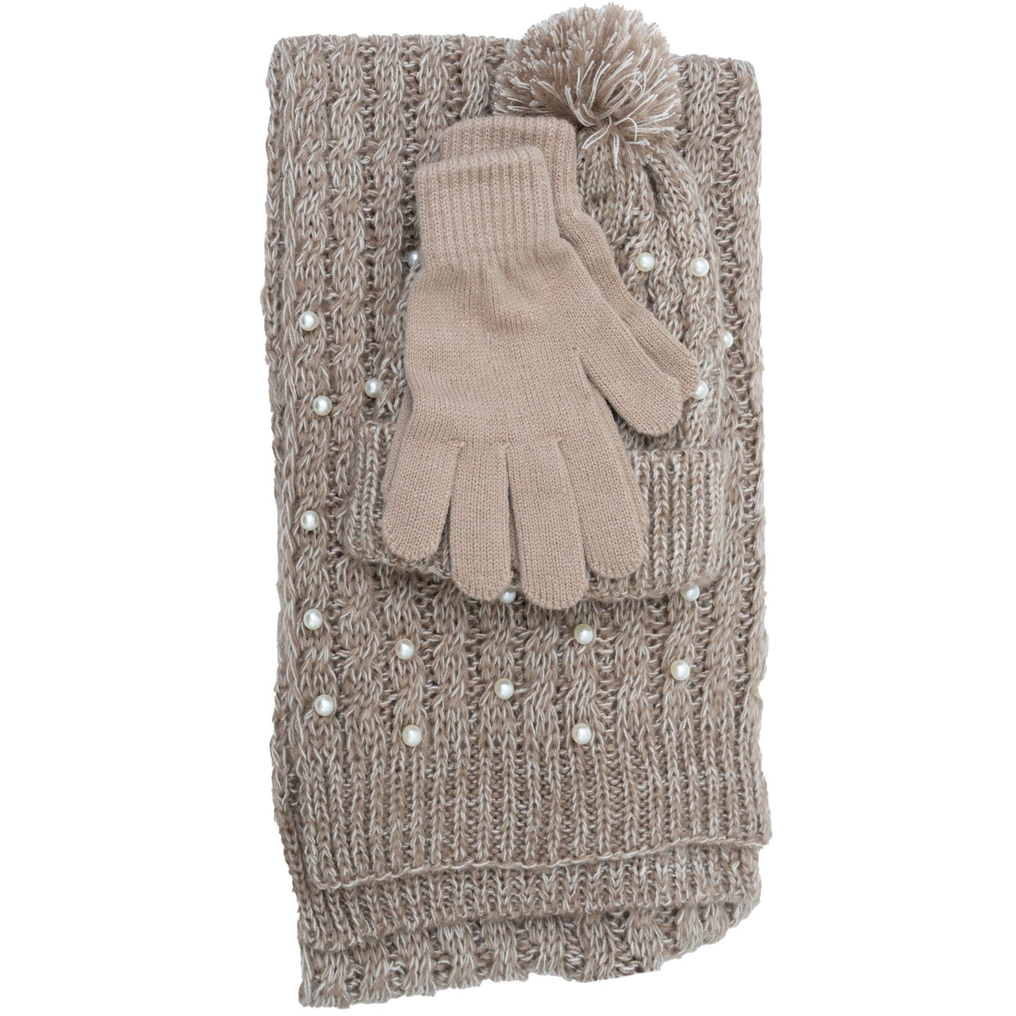 Just Jamie 3-Piece Marled Knit Hat, Scarf, and Gloves Set with Pearls