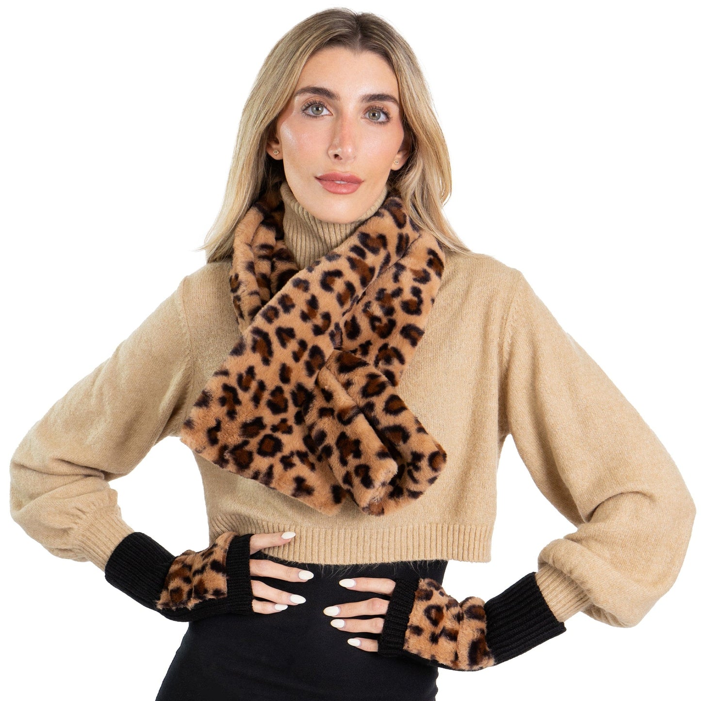 Just Jamie 2-Piece Scarf and Fingerless Glove Set with Faux Fur