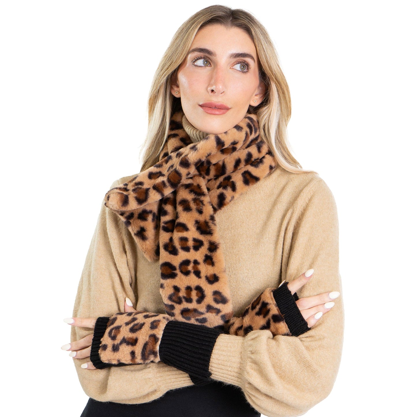 Just Jamie 2-Piece Scarf and Fingerless Glove Set with Faux Fur