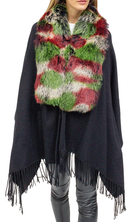 Jessica McClintock Fringe Shawl with Oversized Faux Fur Collar