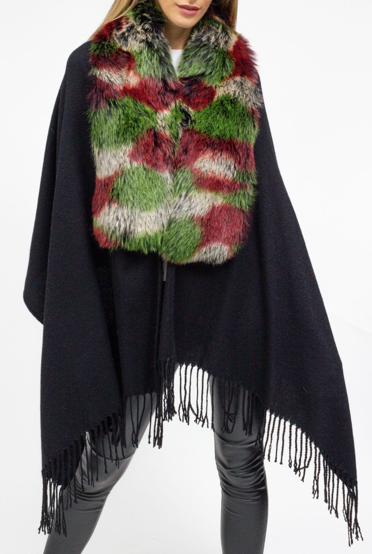 Jessica McClintock Fringe Shawl with Oversized Faux Fur Collar