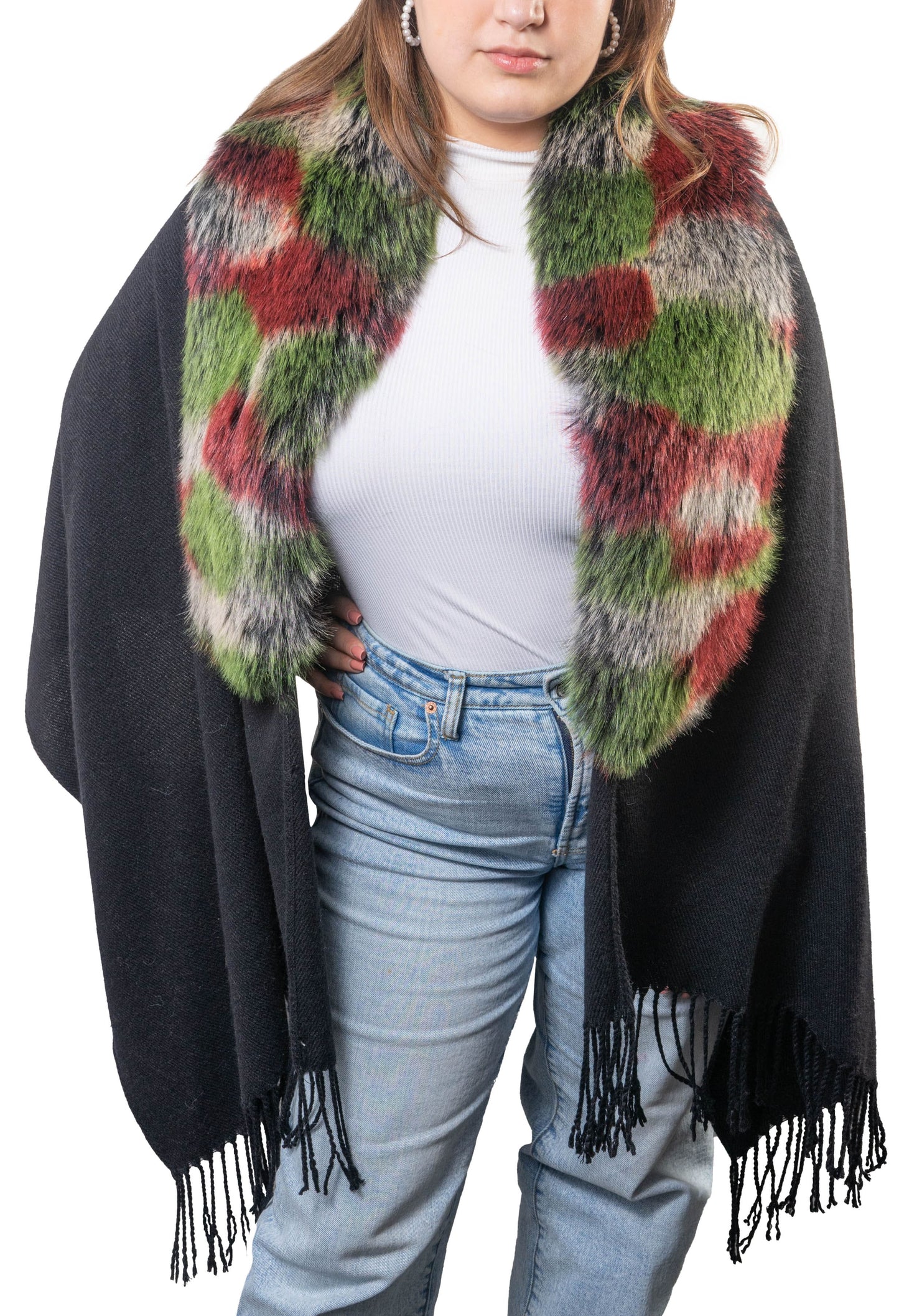 Jessica McClintock Fringe Shawl with Oversized Faux Fur Collar