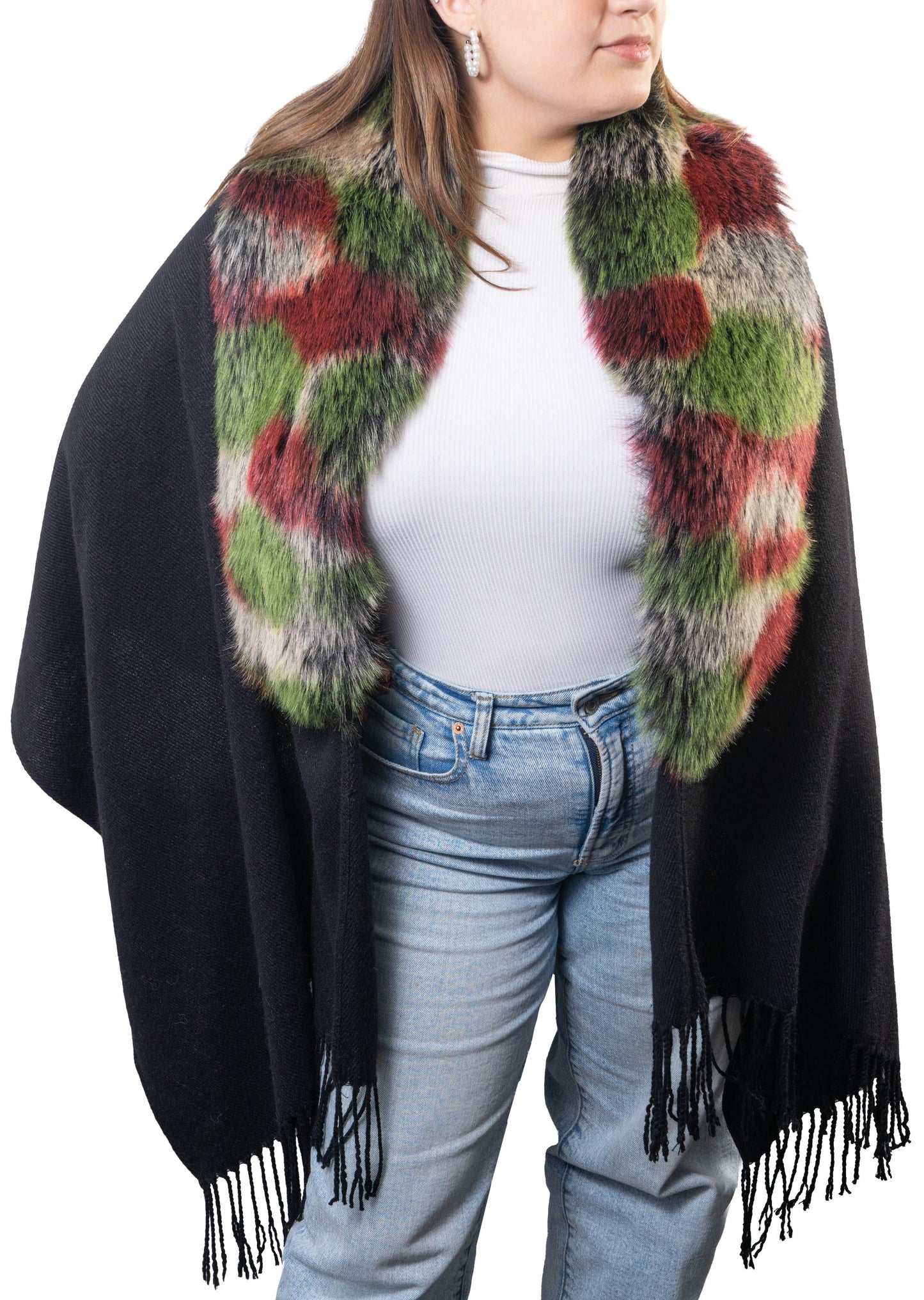 Jessica McClintock Fringe Shawl with Oversized Faux Fur Collar