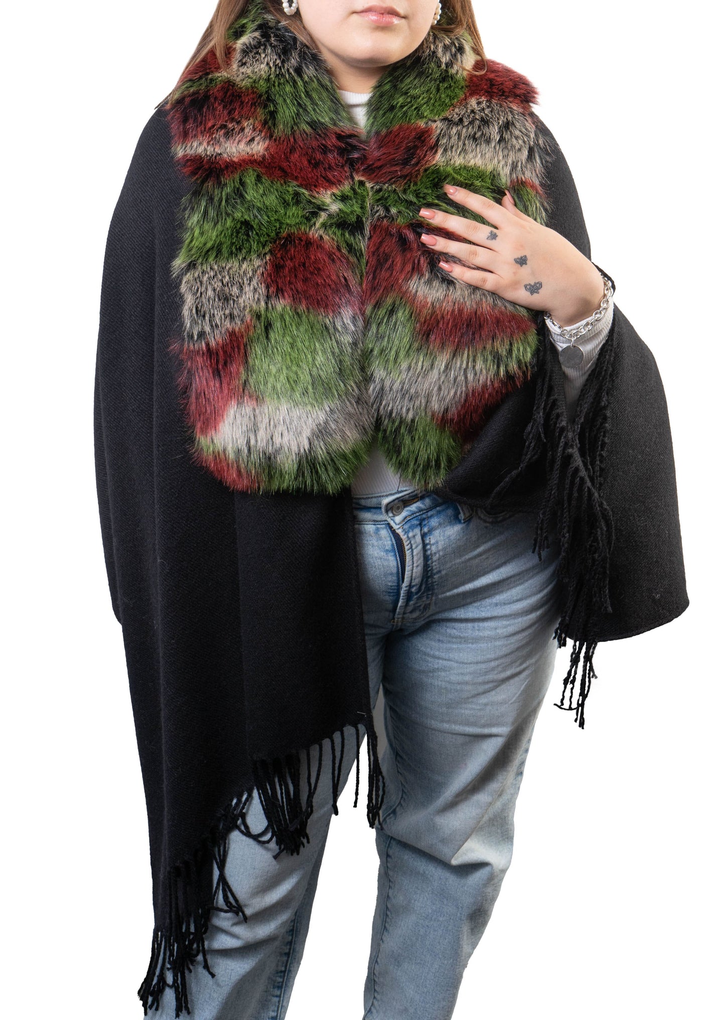 Jessica McClintock Fringe Shawl with Oversized Faux Fur Collar