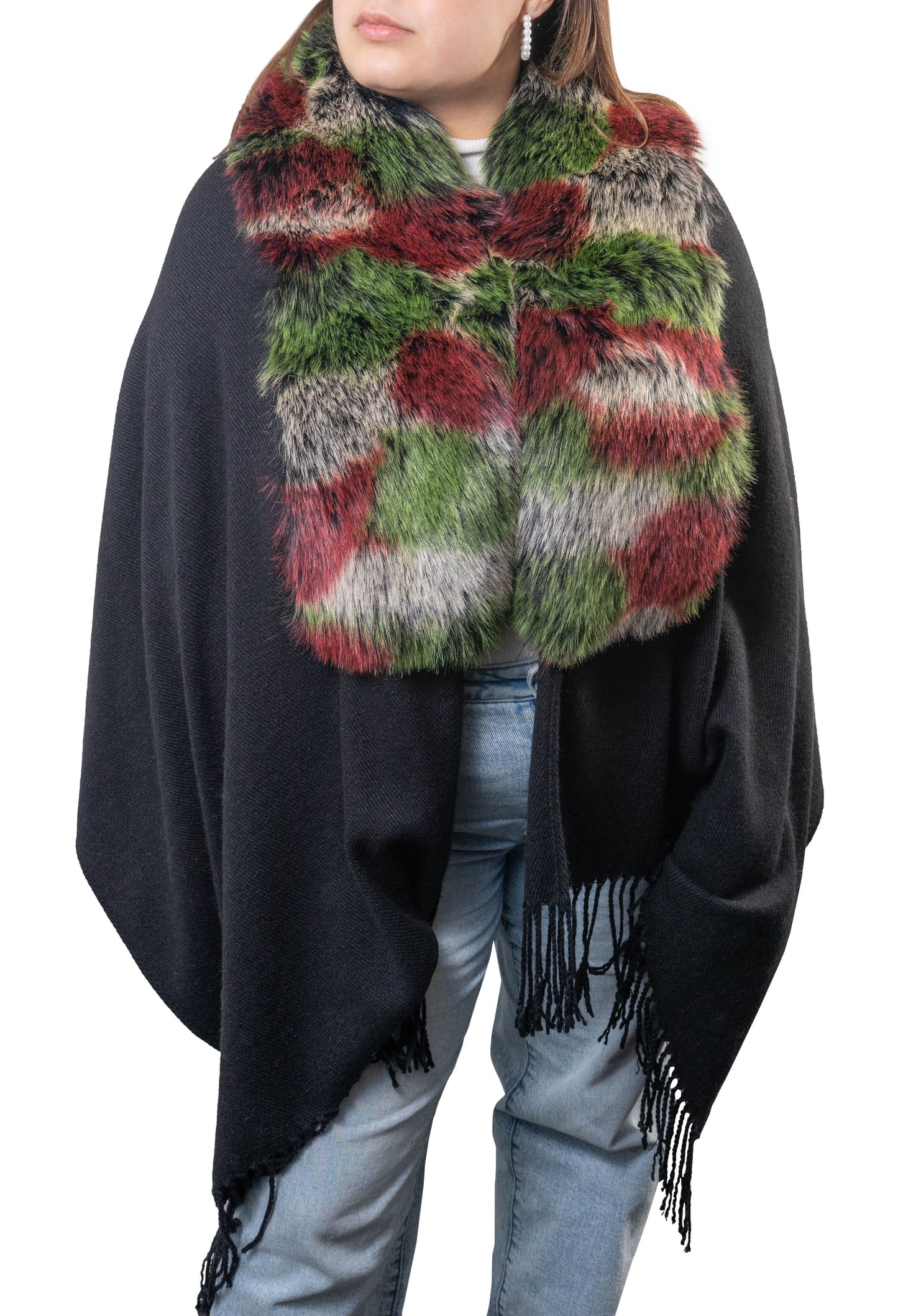 Jessica McClintock Fringe Shawl with Oversized Faux Fur Collar