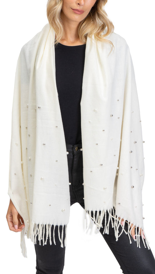 Jessica McClintock Pearl-Embellished Brushed Scarf with Fringe Edges