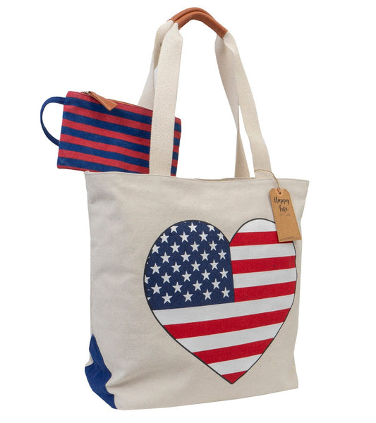 Magid Canvas American Flag Heart Tote With Pouch