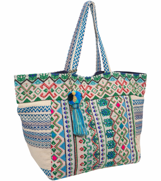 Magid Boho Cotton Jacquard Beaded Novelty Tote