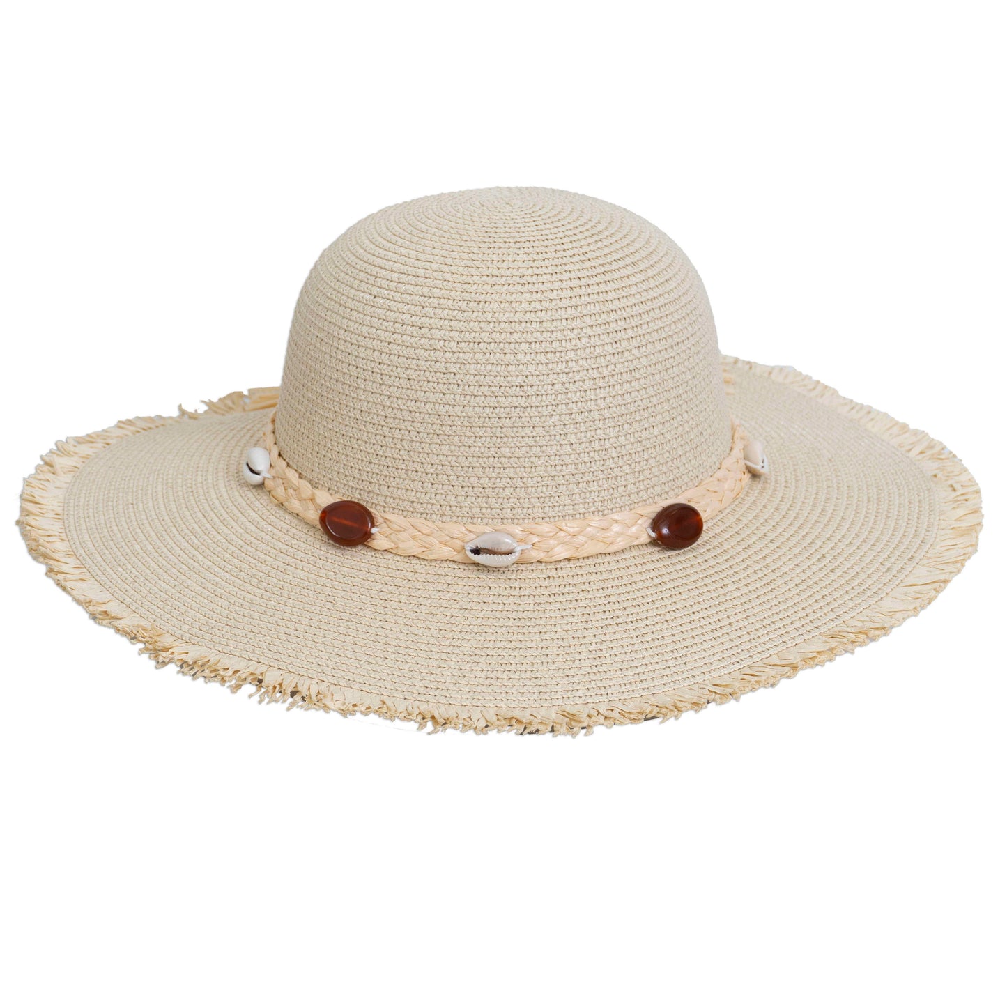 Magid Seashell Beaded Straw Frayed Brim Floppy Hat