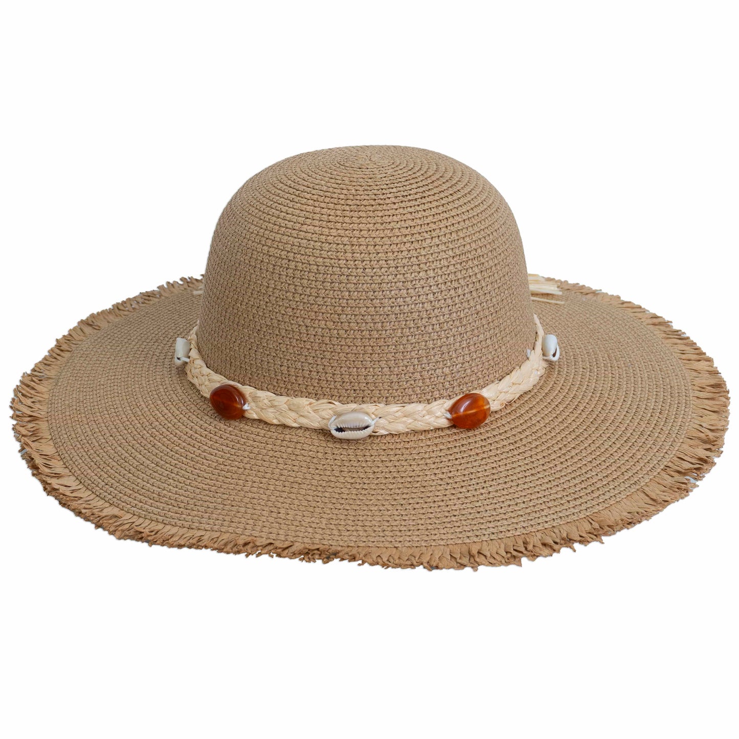 Magid Seashell Beaded Straw Frayed Brim Floppy Hat