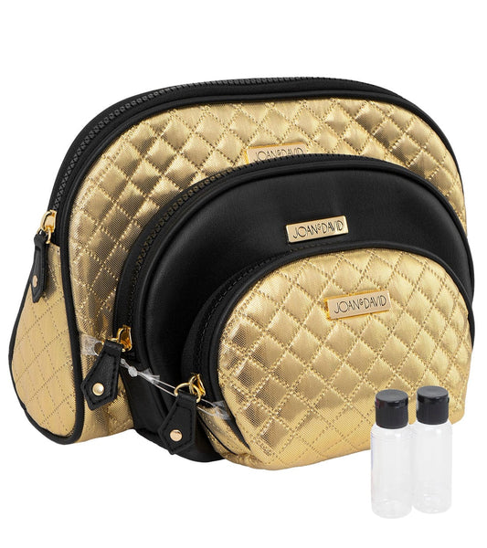 Joan & David 3 Piece Quilted Nylon Metallic Dome Cosmetic Pouch Set