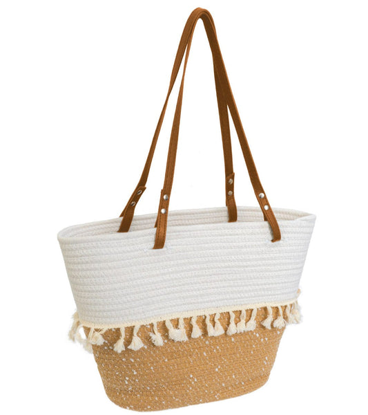 Magid Natural Cotton Woven & Faux Leather Fringe Shoulder Tote