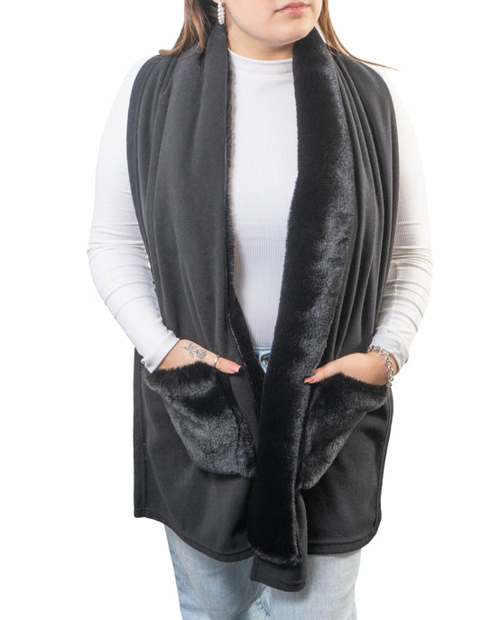 Jessica McClintock Solid Fleece Shawl with Faux Mink Fur and Pockets