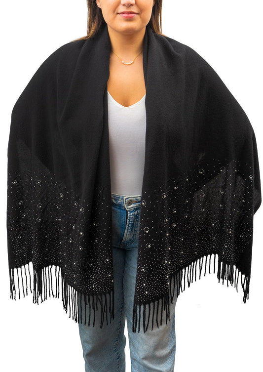 Jessica McClintock Pearl-Embellished Brushed Scarf with Rhinestone Accents and Fringe Edges