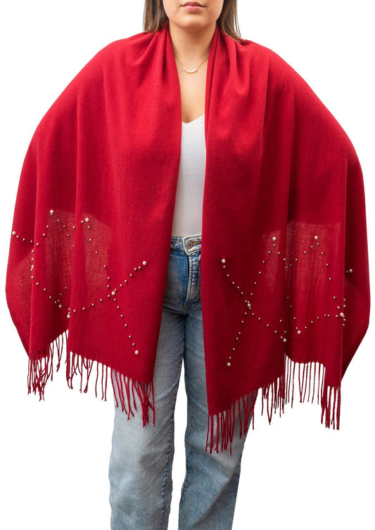 Jessica McClintock Pearl-Embellished Brushed Scarf with Fringe Edges