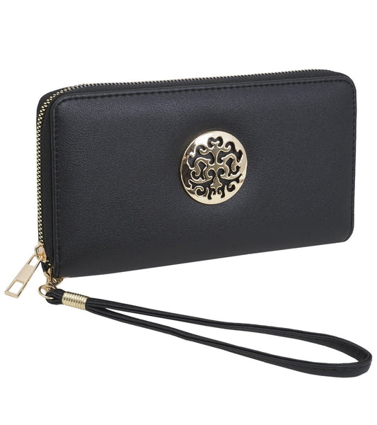 Rebecca & Rifka Vegan Smooth Leather Medallion Zip Around Wristlet Wallet